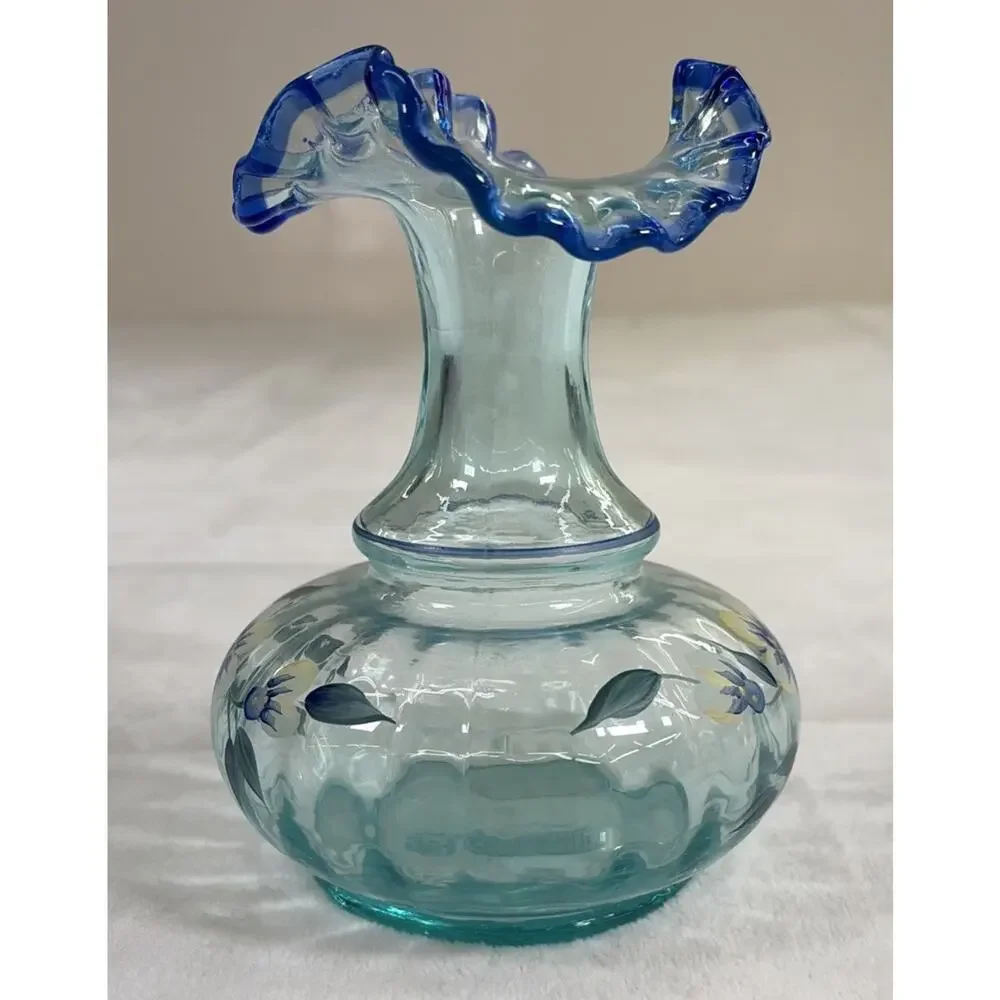 Fenton Vase Cobalt and Aqua Tranquility Hand Painted By DK Brightbill 6.25